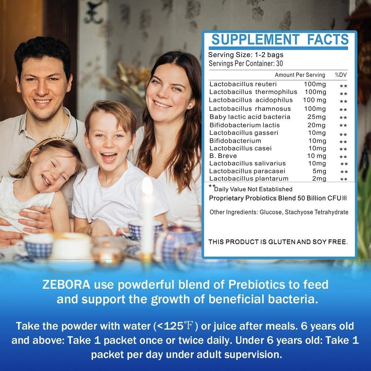 ZEBORA Probiotics Powder for Digestive and Immune Health, Supports Women, Men, and Kids 3+, Gluten Free, Non GMO - 30 Bags