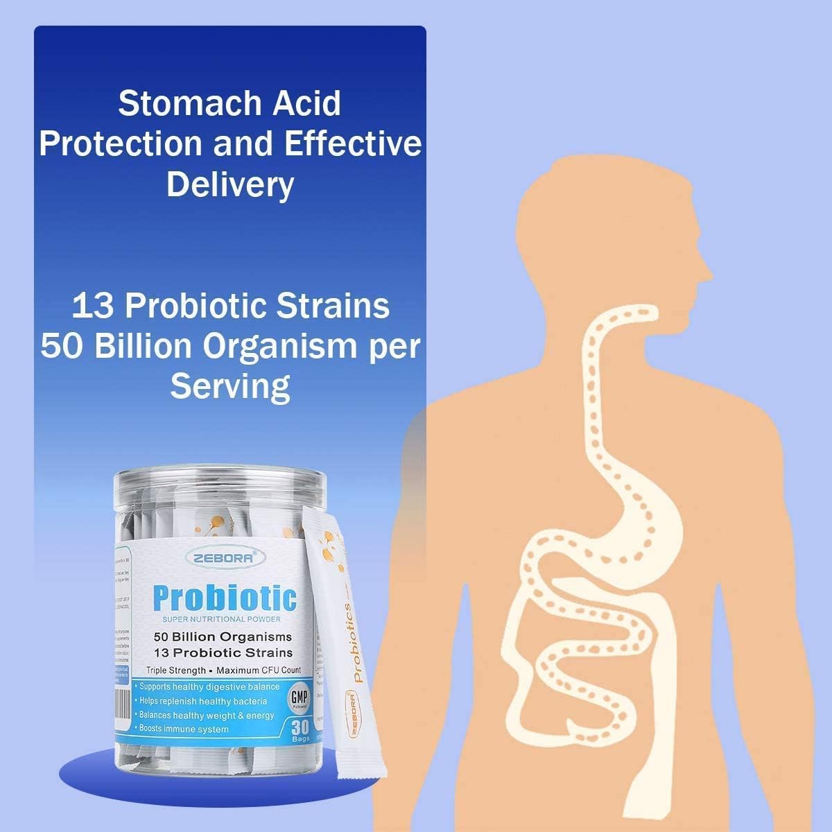 ZEBORA Probiotics Powder for Digestive and Immune Health, Supports Women, Men, and Kids 3+, Gluten Free, Non GMO - 30 Bags