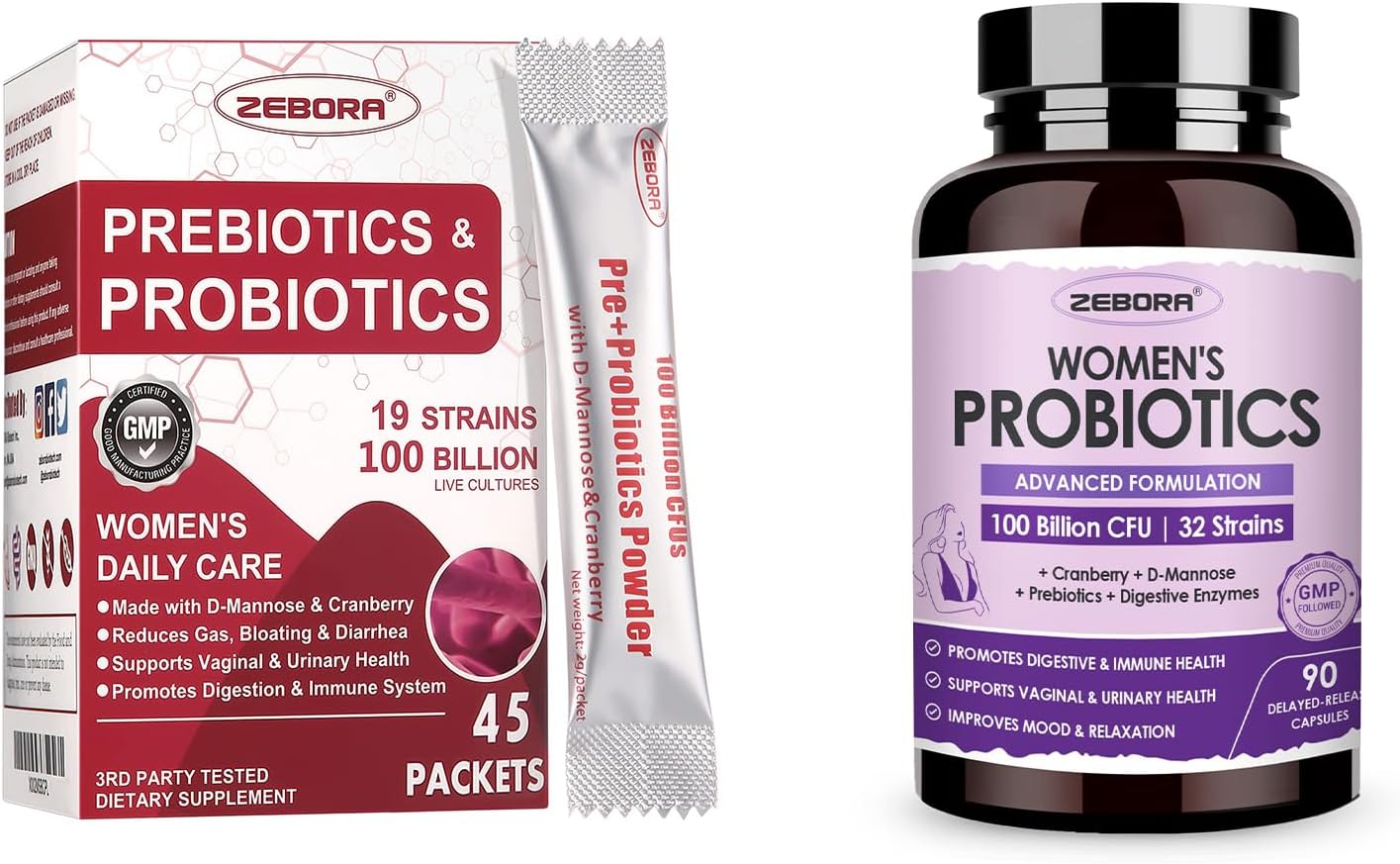 ZEBORA Ultimate Probiotics for Women - 100 Billion CFUs with Prebiotics, D-Mannose, and Cranberry - Digestive, Immune, and UT Health Support - Soy and Gluten Free - 45 Packets