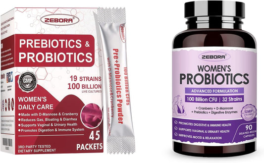 ZEBORA Ultimate Probiotics for Women - 100 Billion CFUs with Prebiotics, D-Mannose, and Cranberry - Digestive, Immune, and UT Health Support - Soy and Gluten Free - 45 Packets