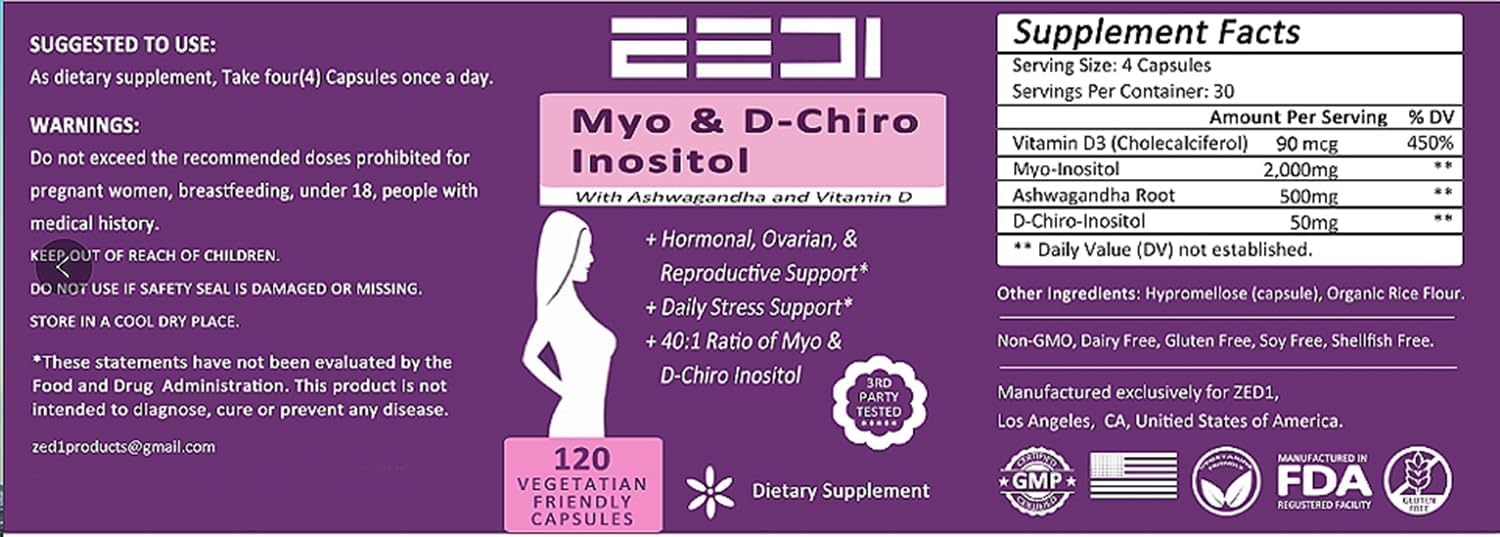 ZED1 Myo & D-Chiro Inositol Capsules for PCOS & Fertility with Ashwagandha & Vitamin D3 - Women's Hormonal & Ovarian Support