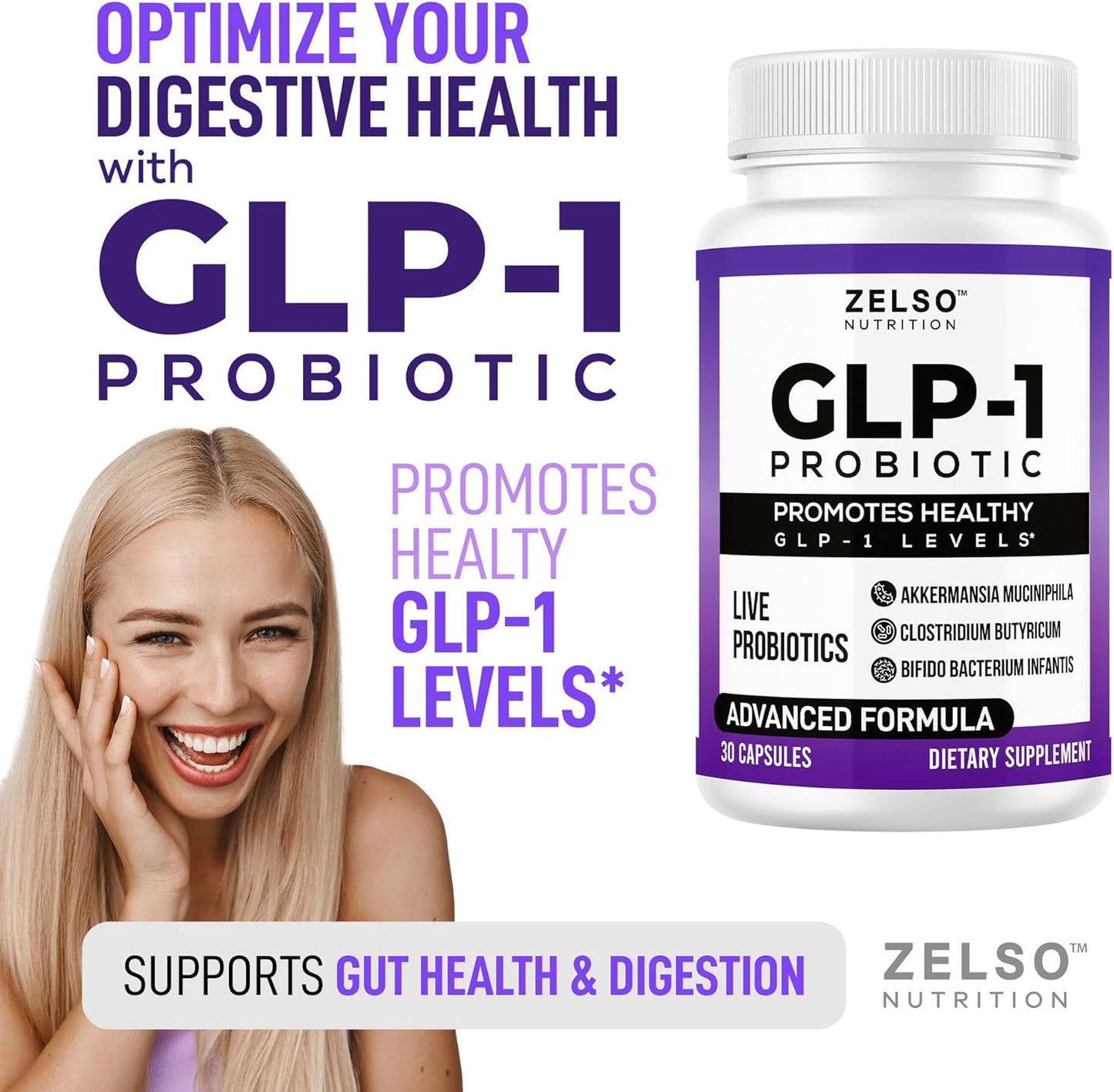 ZELSO GLP-1 Probiotic with Akkermansia Muciniphila - Supports Gut Health & Appetite Control - 500M CFU Multi-Strain Probiotic with Prebiotic GLP1