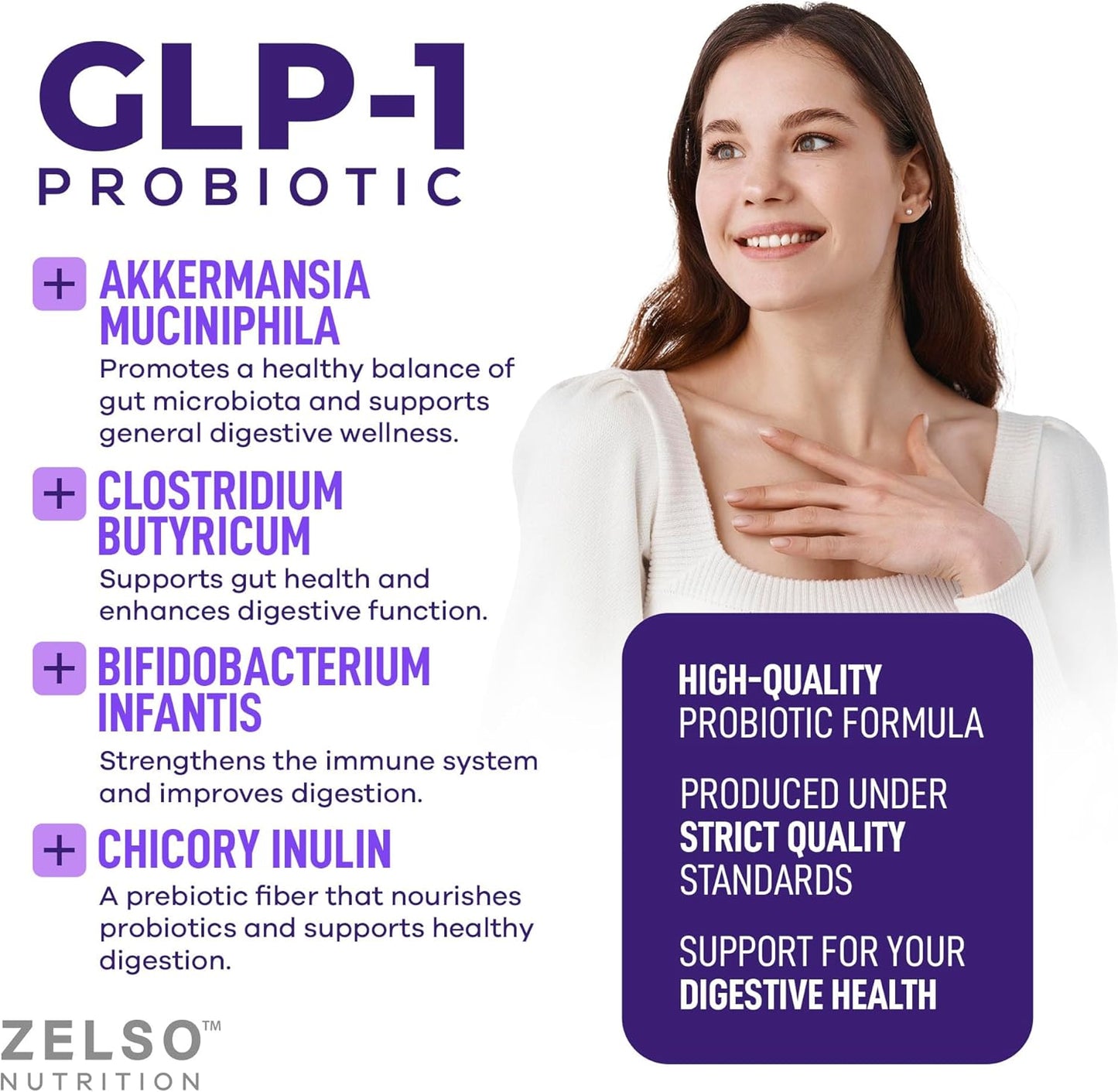 ZELSO GLP-1 Probiotic with Akkermansia Muciniphila - Supports Gut Health & Appetite Control - 500M CFU Multi-Strain Probiotic with Prebiotic GLP1