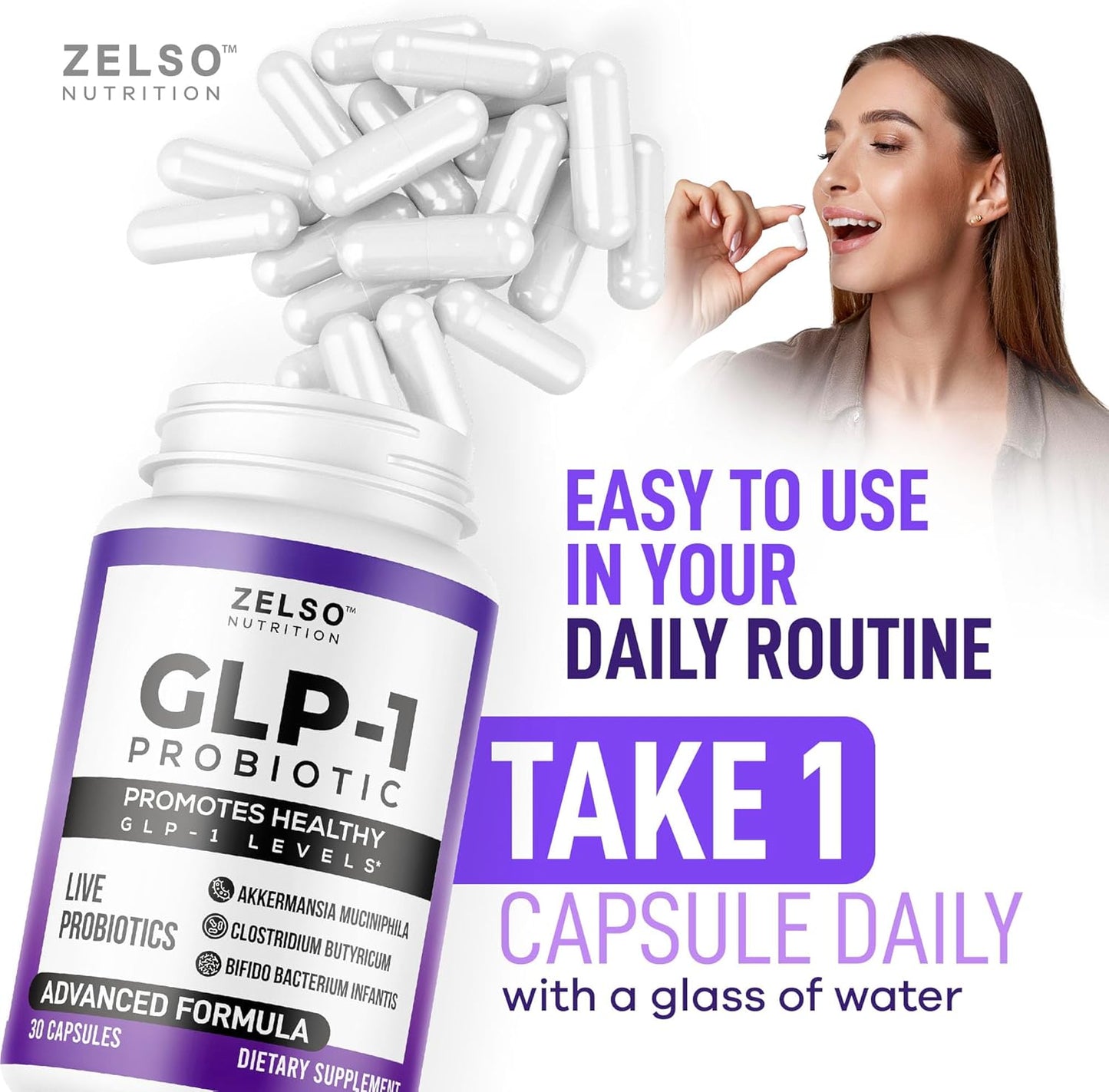 ZELSO GLP-1 Probiotic with Akkermansia Muciniphila - Supports Gut Health & Appetite Control - 500M CFU Multi-Strain Probiotic with Prebiotic GLP1