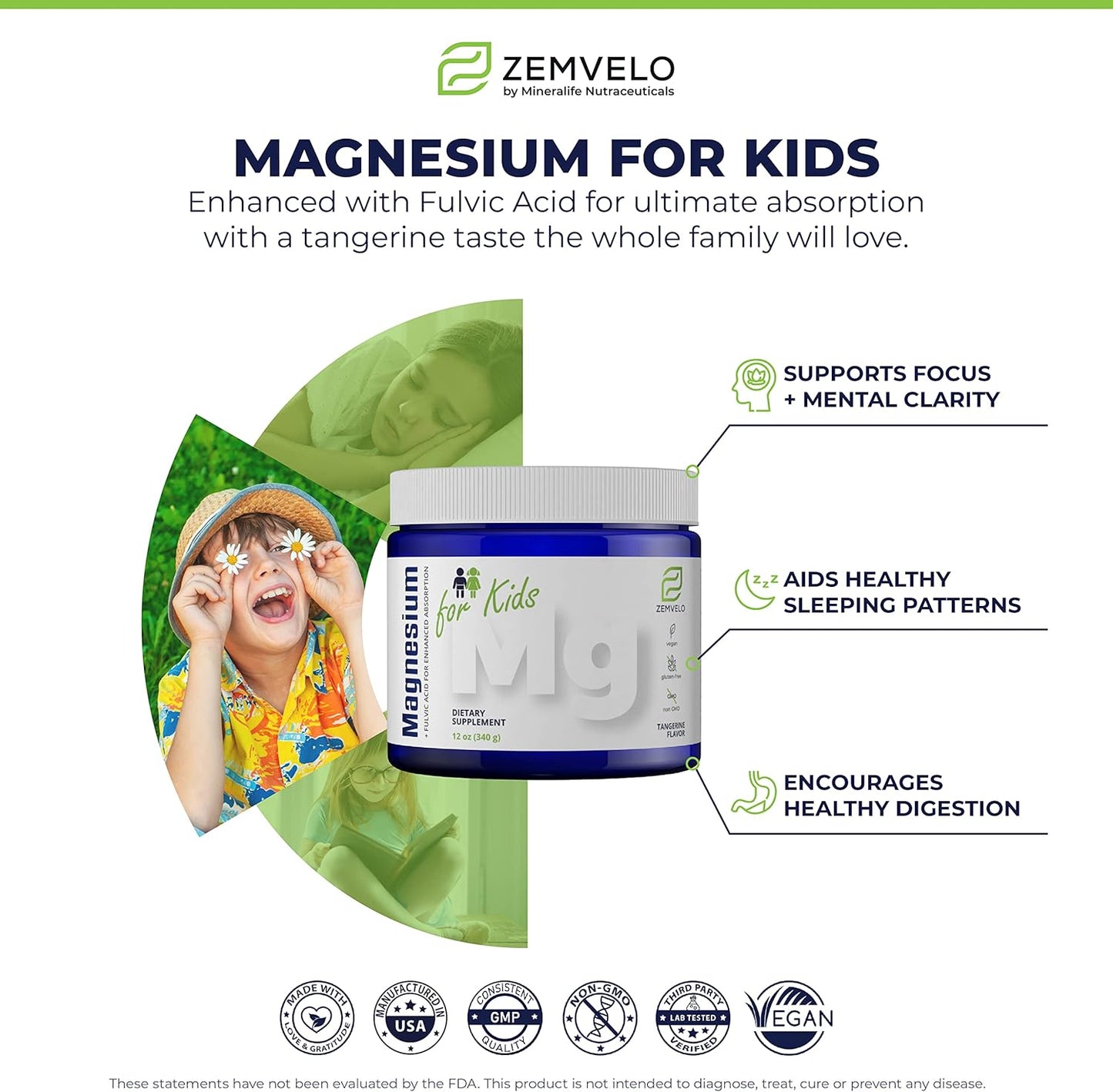 Zemvelo Tangerine Magnesium Powder Supplement: Kids Growth & Development, Mood Balance, Sleep Support - Just Add Water