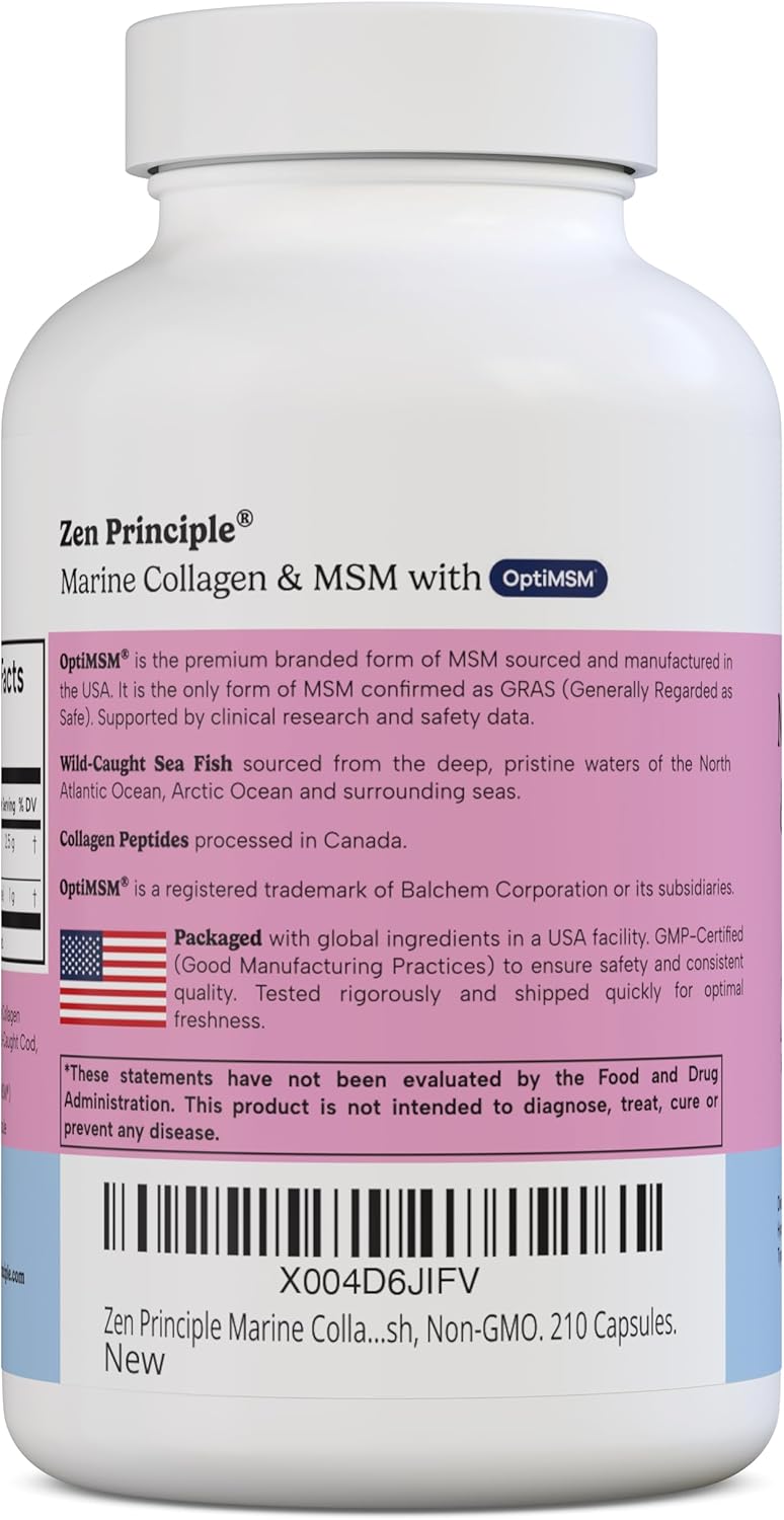 Zen Principle Marine Collagen Peptides Powder with OptiMSM® - Skin Support Supplement. Wild-Caught Fish, Non-GMO. 420 Capsules.