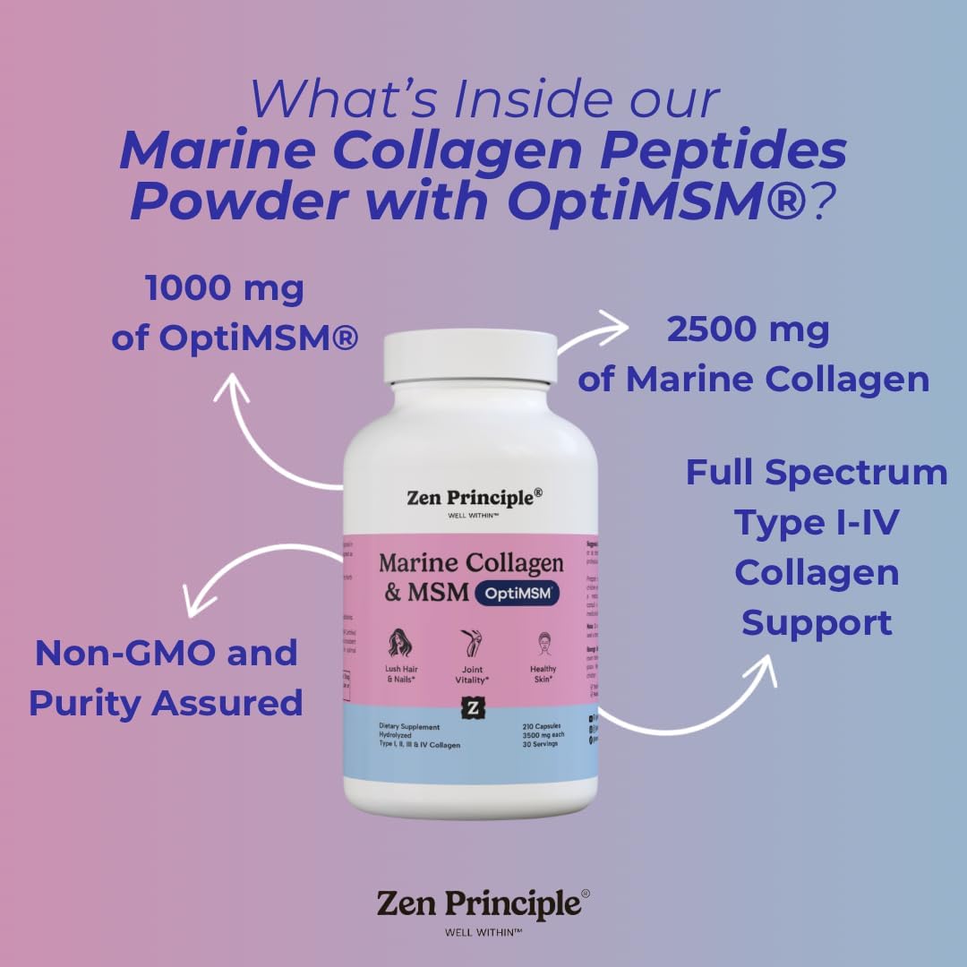 Zen Principle Marine Collagen Peptides Powder with OptiMSM® - Skin Support Supplement. Wild-Caught Fish, Non-GMO. 420 Capsules.