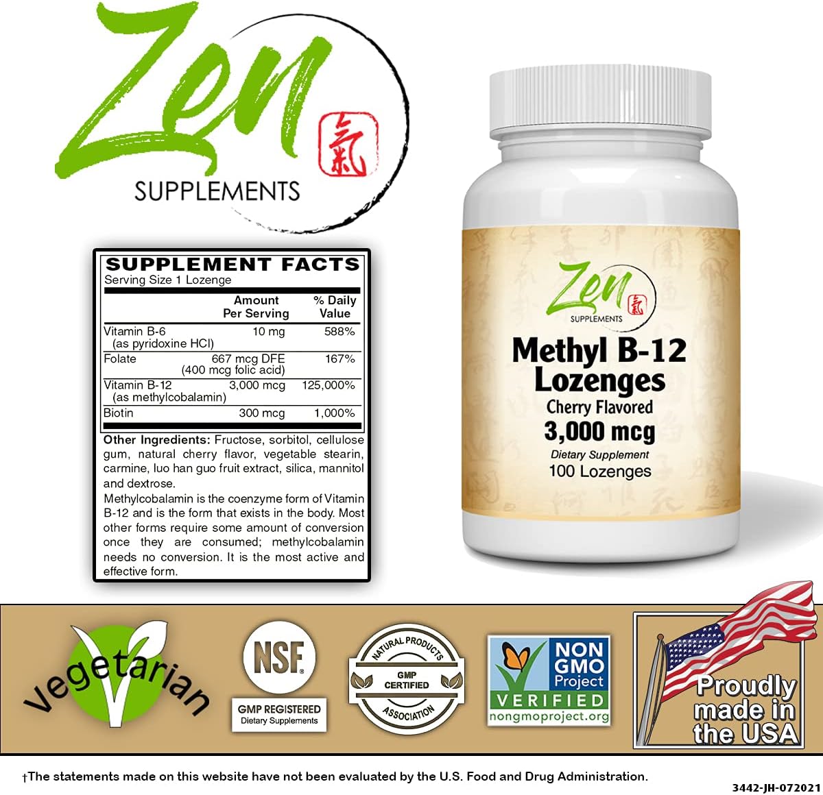 Zen Supplements Top-Rated Methylated B12 Vitamin Lozenges with Folic Acid - Boost Heart Health, Immune System, Brain Function - 100 Count