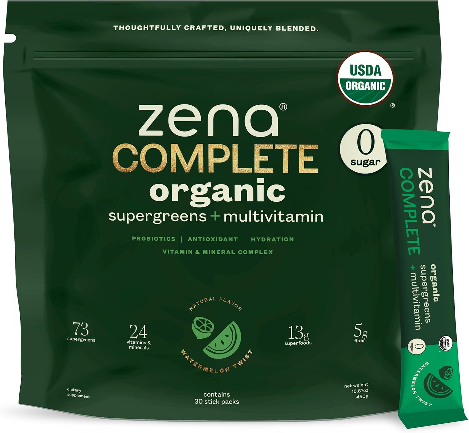 Zena Fit Nutrition Zena Complete Organic Super Greens Powder & Multivitamin with 90+ Nutrient-Rich Ingredients, Watermelon Citrus Flavor, 30 Packets