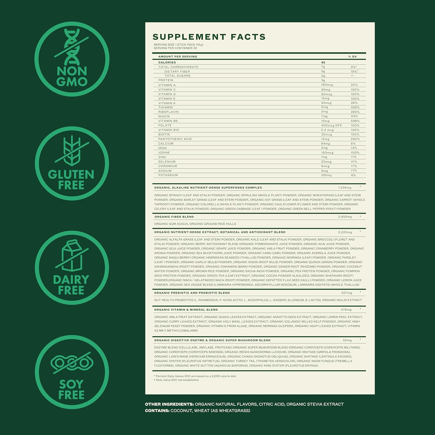 Zena Fit Nutrition Zena Complete Organic Super Greens Powder & Multivitamin with 90+ Nutrient-Rich Ingredients, Watermelon Citrus Flavor, 30 Packets