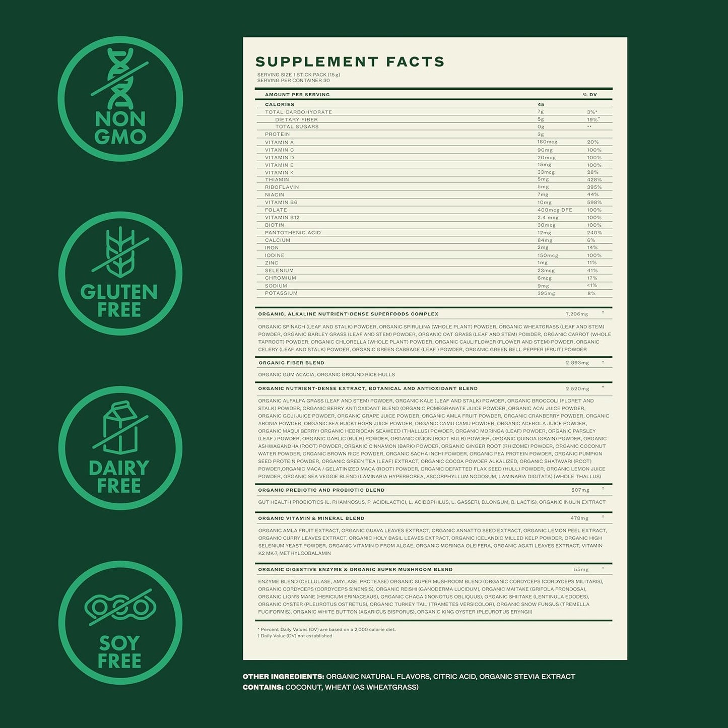 Zena Fit Nutrition Zena Complete Organic Super Greens Powder & Multivitamin with 90+ Nutrient-Rich Ingredients, Watermelon Citrus Flavor, 30 Packets