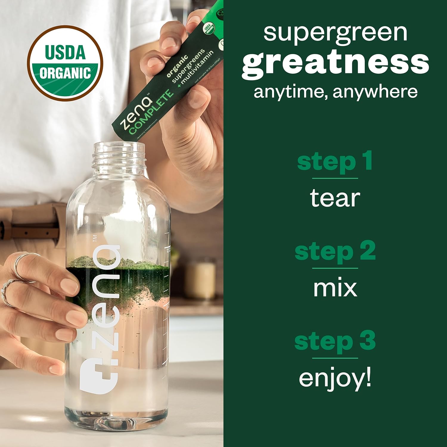 Zena Fit Nutrition Zena Complete Organic Super Greens Powder & Multivitamin with 90+ Nutrient-Rich Ingredients, Watermelon Citrus Flavor, 30 Packets