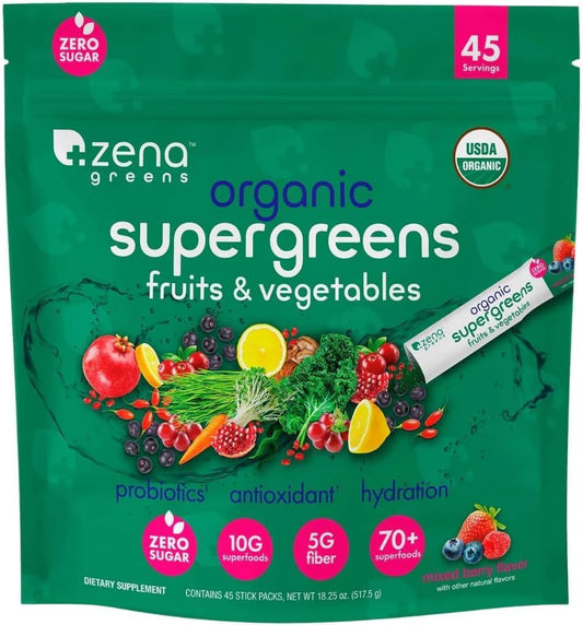 Zena Greens Organic Superfood Blend with Probiotics & Antioxidants - 70+ Superfoods, 10g Superfoods, 5g Fiber - 45 Stick Packs for Hydration