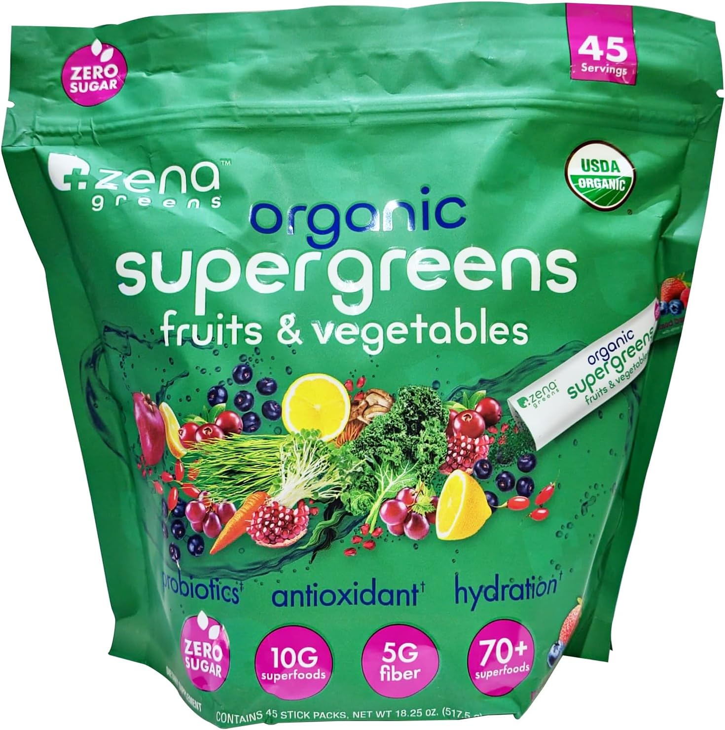 Zena Greens Organics Supergreens - 3.65 Ounce (Pack of 5) - Nutrient-Packed Superfood Blend for Optimal Health and Wellness