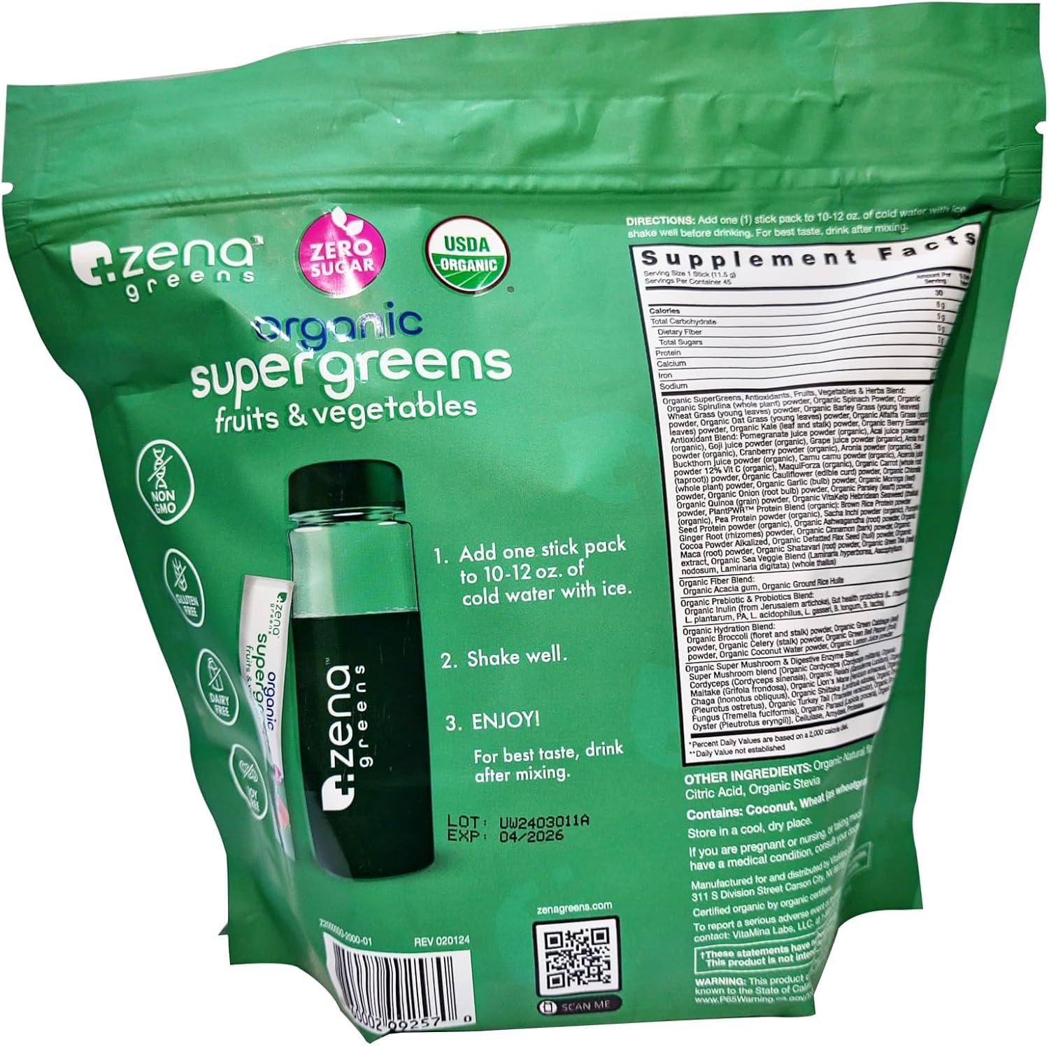 Zena Greens Organics Supergreens - 3.65 Ounce (Pack of 5) - Nutrient-Packed Superfood Blend for Optimal Health and Wellness