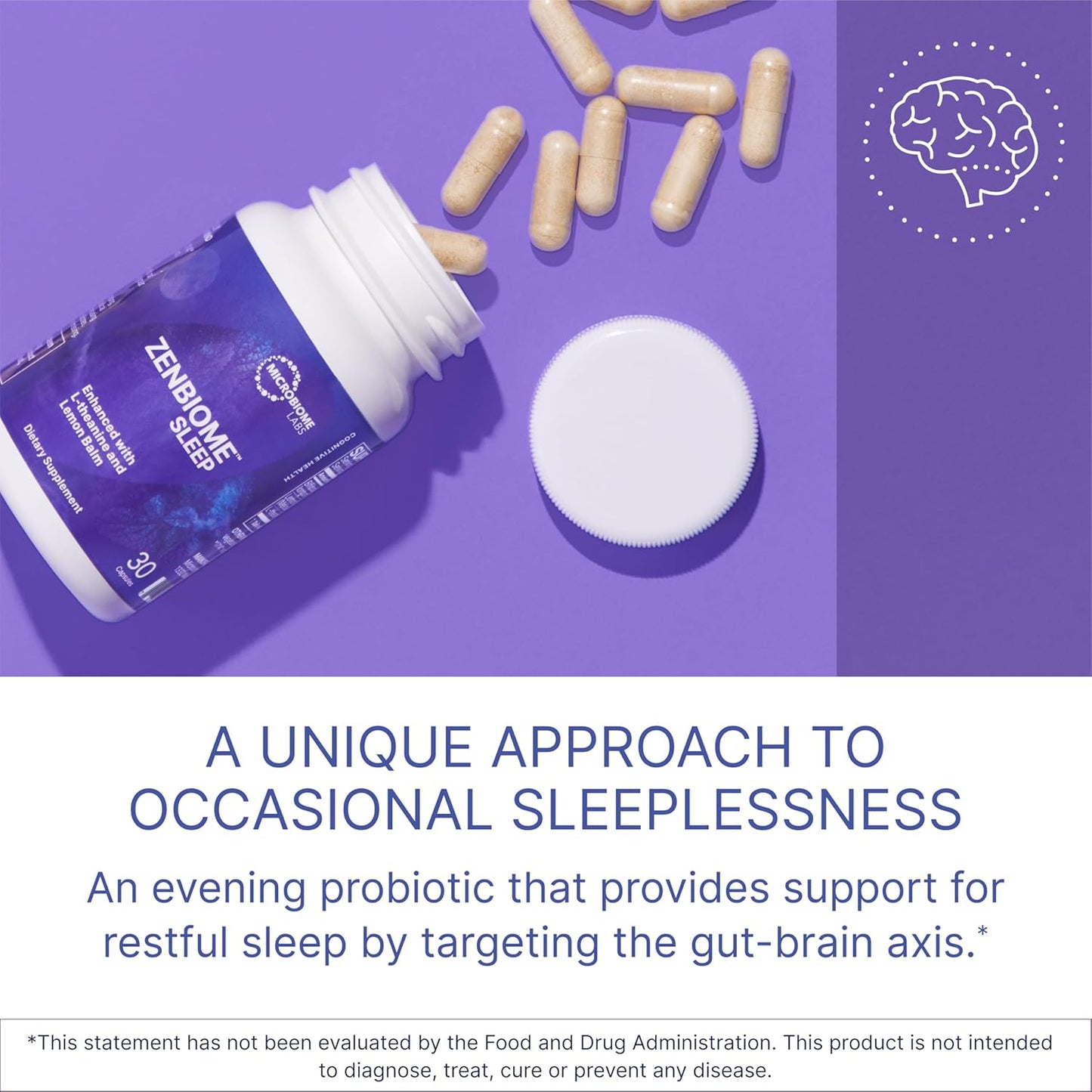 Zenbiome Sleep: L-Theanine Supplement with Lemon Balm Extract & Probiotics - Support Gut-Brain Axis for Better Sleep (30 Capsules)