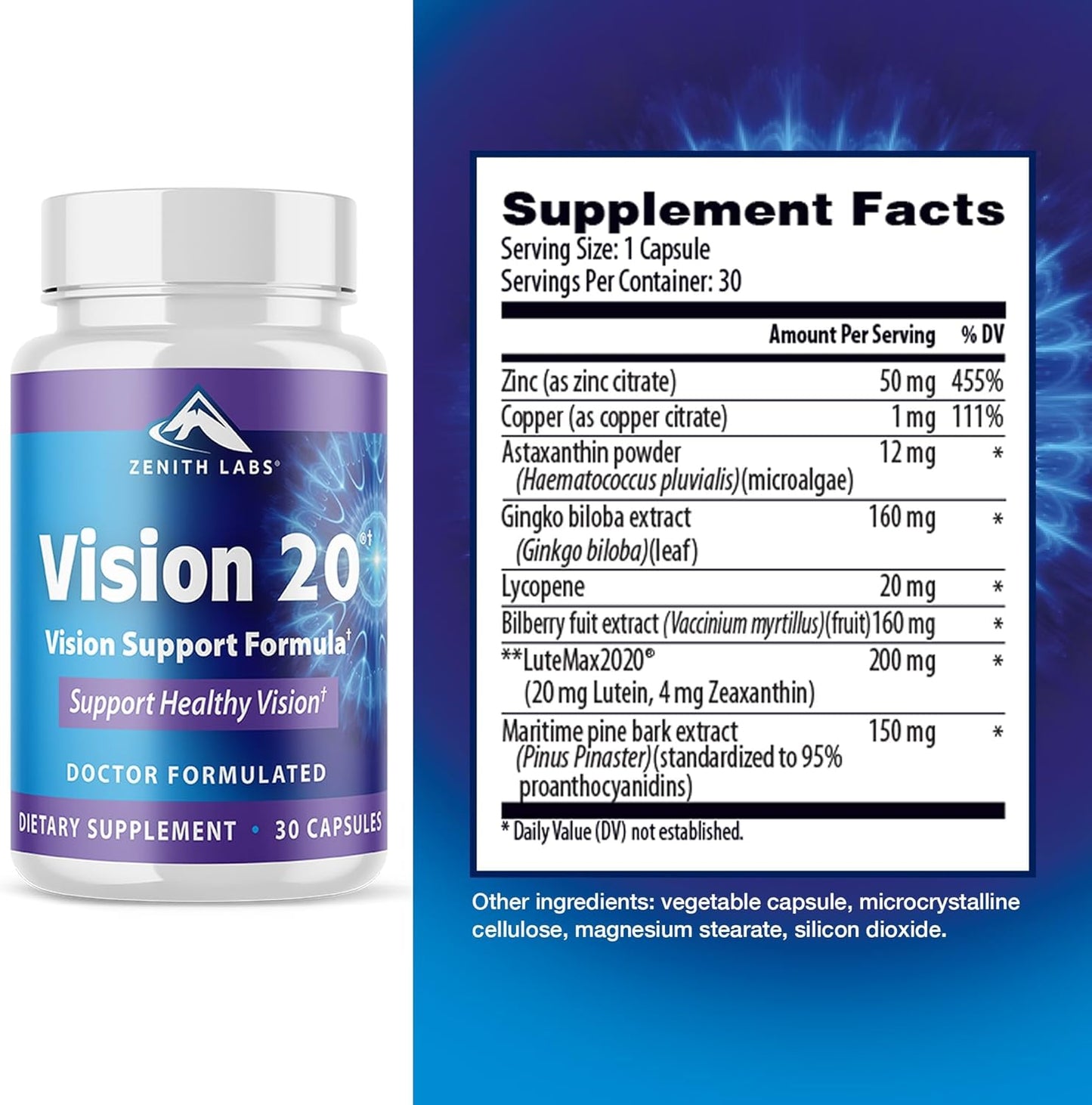 Zenith Labs Vision 20 Eye Vitamins with Lutein, Zeaxanthin, and Bilberry Extract - Enhances Eye Health and Reduces Eye Strain - Carotenoid Blend, 2 Pack