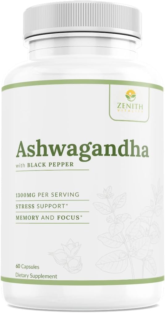 Zenith Vitality Ashwagandha 650mg Capsules with Black Pepper Extract - Stress & Cortisol Relief - Immune Support Supplement - 60 Count