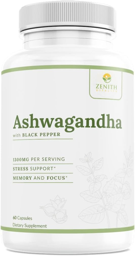 Zenith Vitality Ashwagandha 650mg Capsules with Black Pepper Extract - Stress & Cortisol Relief - Immune Support Supplement - 60 Count