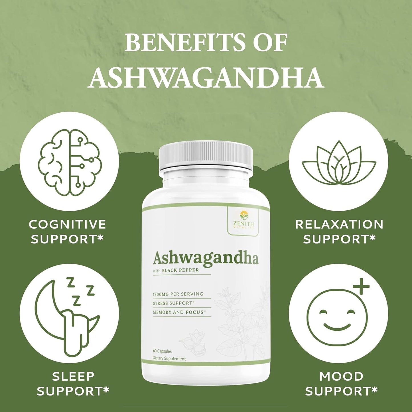 Zenith Vitality Ashwagandha 650mg Capsules with Black Pepper Extract - Stress & Cortisol Relief - Immune Support Supplement - 60 Count