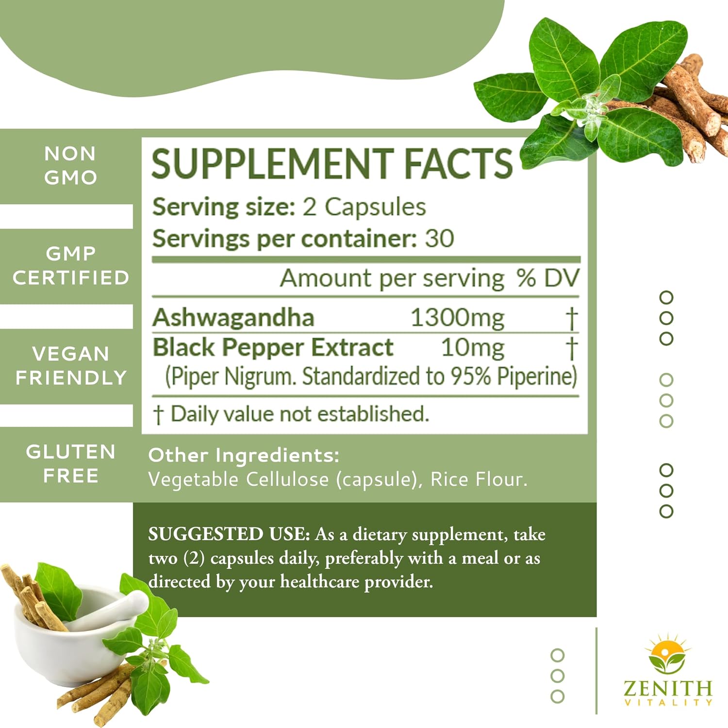 Zenith Vitality Ashwagandha 650mg Capsules with Black Pepper Extract - Stress & Cortisol Relief - Immune Support Supplement - 60 Count