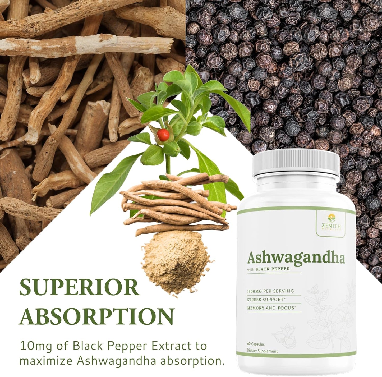 Zenith Vitality Ashwagandha 650mg Capsules with Black Pepper Extract - Stress & Cortisol Relief - Immune Support Supplement - 60 Count