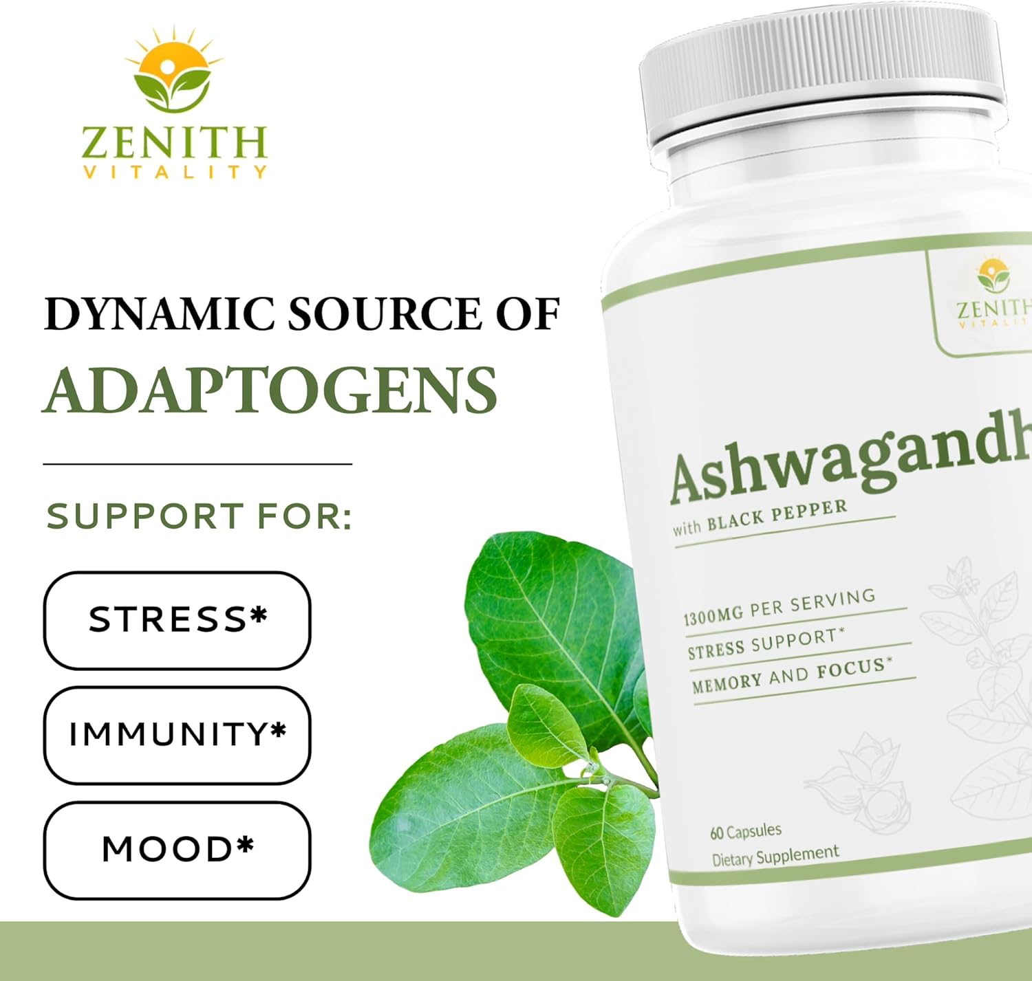 Zenith Vitality Ashwagandha 650mg Capsules with Black Pepper Extract - Stress & Cortisol Relief - Immune Support Supplement - 60 Count