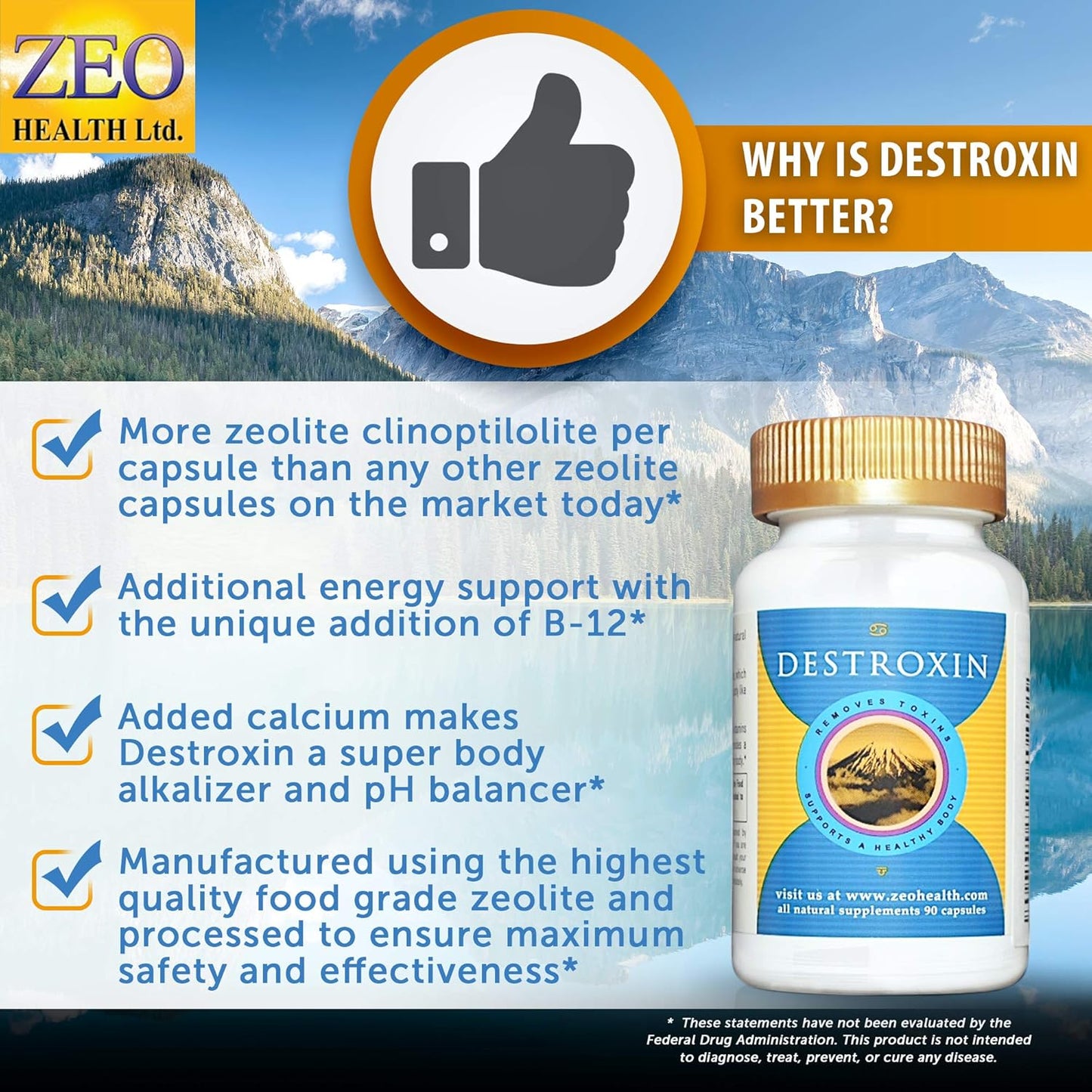 Zeo Health DESTROXIN Capsules - Zeolite, B-12, Calcium (90 Count) Supports Cellular Detox, Energy, & Alkalinity
