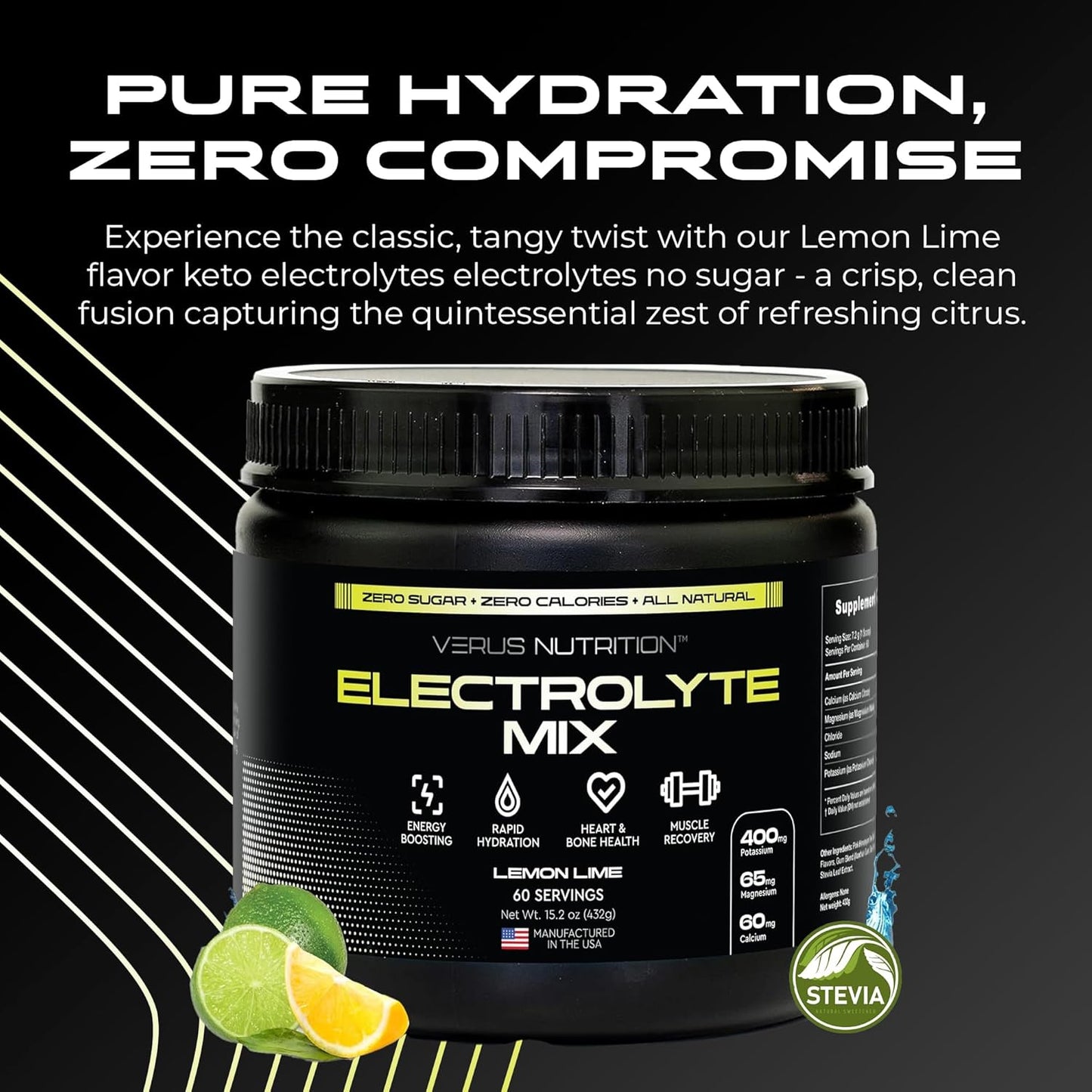 Zero Calorie Electrolyte Powder for Fasting, Keto & Vegan Diets - Natural Ingredients, 60 Servings