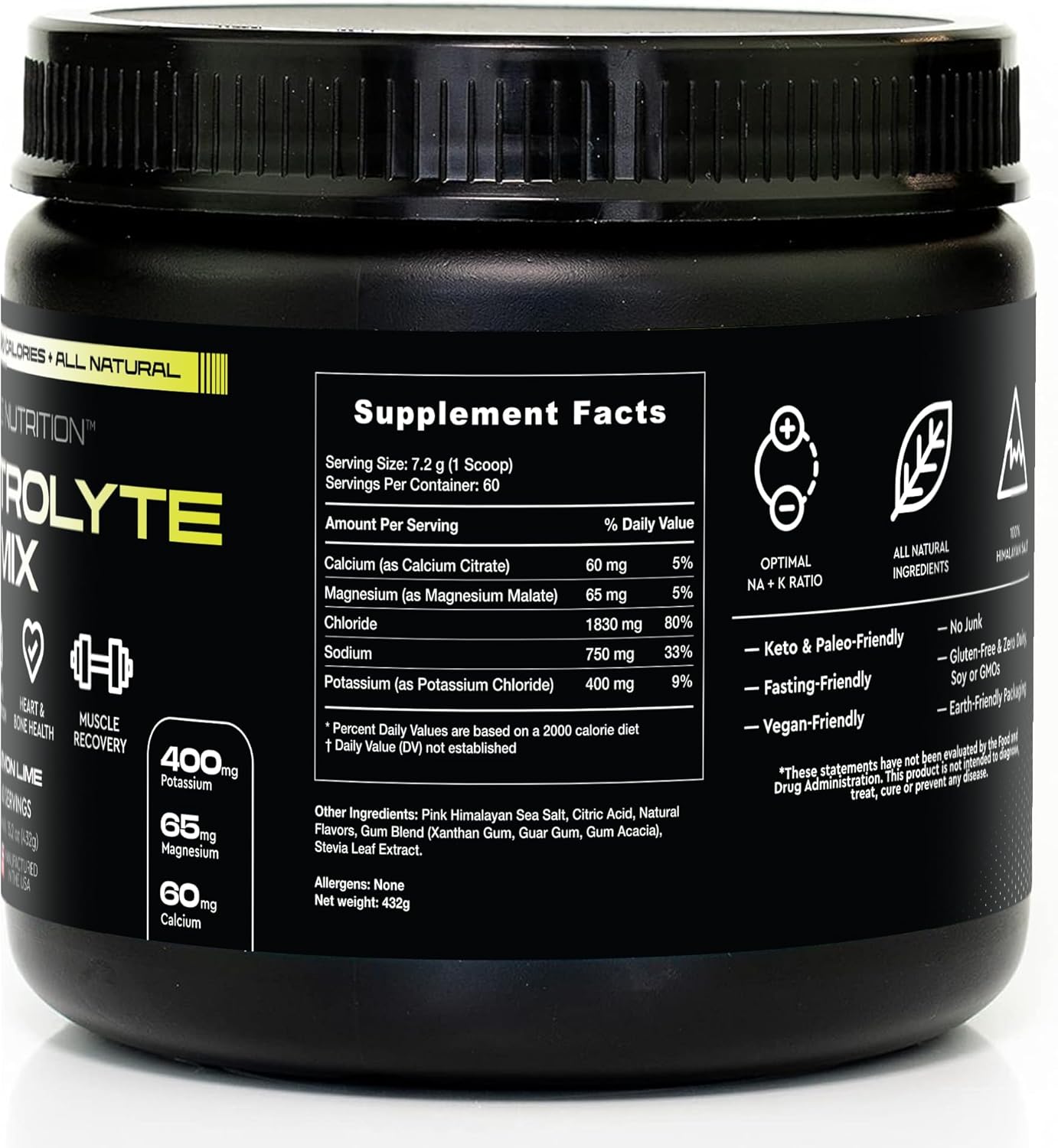 Zero Calorie Electrolyte Powder for Fasting, Keto & Vegan Diets - Natural Ingredients, 60 Servings