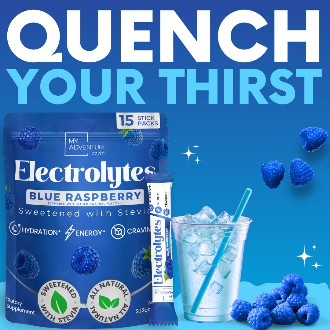 Zero Sugar Blue Raspberry Electrolyte Powder Drink Mix - Natural Hydration Boost - Caffeine-Free Energy - Vegan, Keto, Paleo - 15 Pack