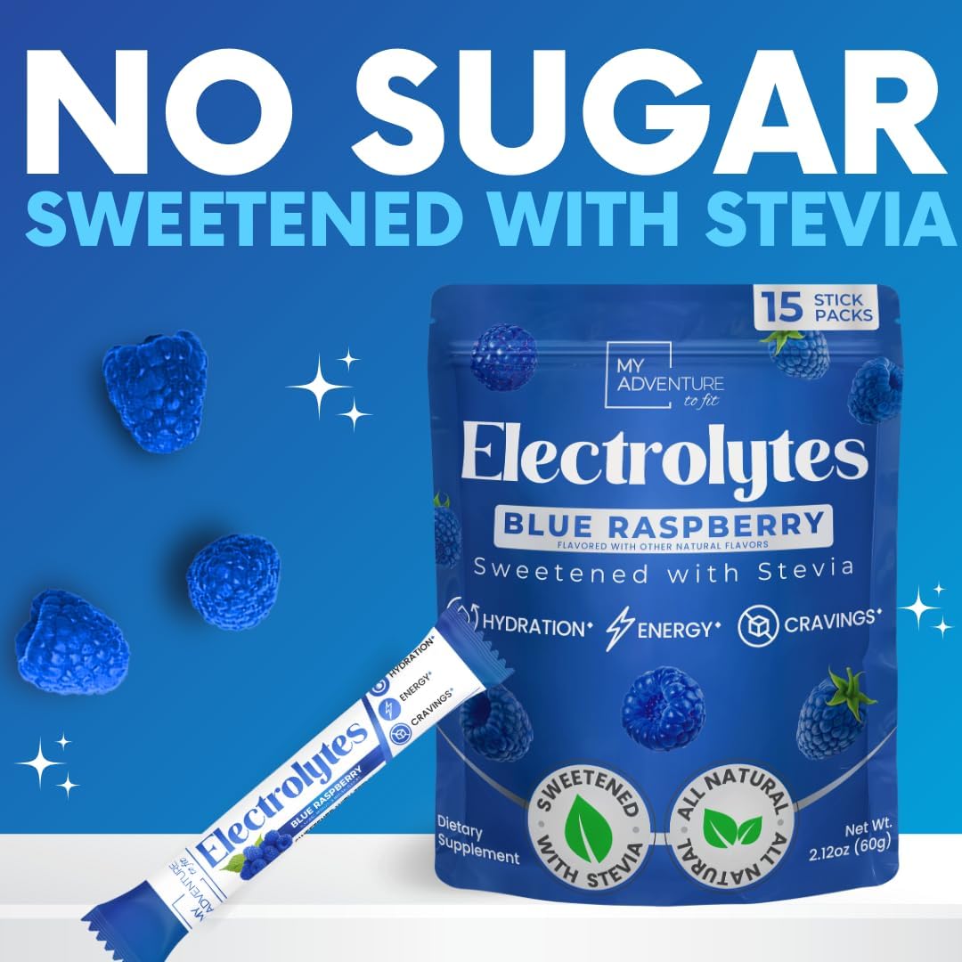 Zero Sugar Blue Raspberry Electrolyte Powder Drink Mix - Natural Hydration Boost - Caffeine-Free Energy - Vegan, Keto, Paleo - 15 Pack