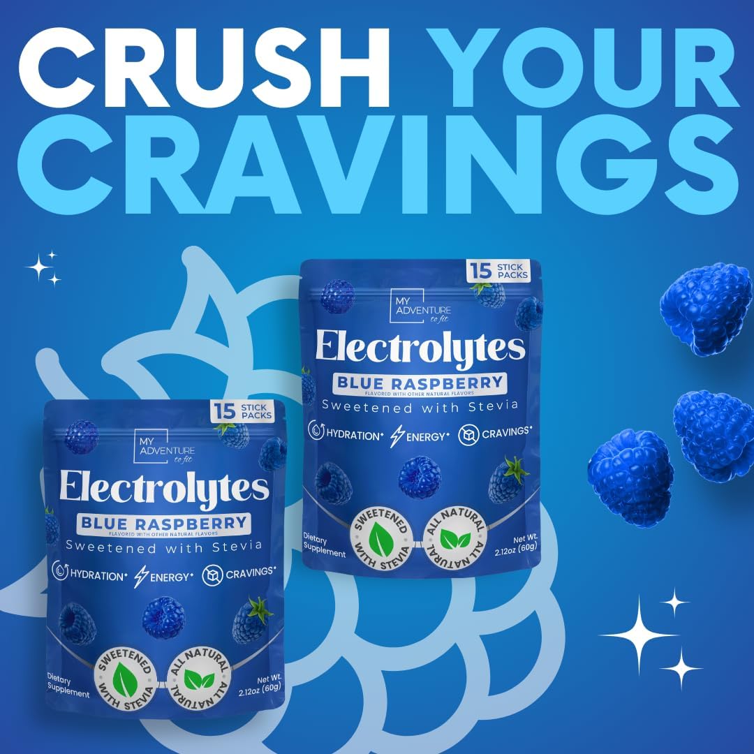Zero Sugar Blue Raspberry Electrolyte Powder Drink Mix - Natural Hydration Boost - Caffeine-Free Energy - Vegan, Keto, Paleo - 15 Pack