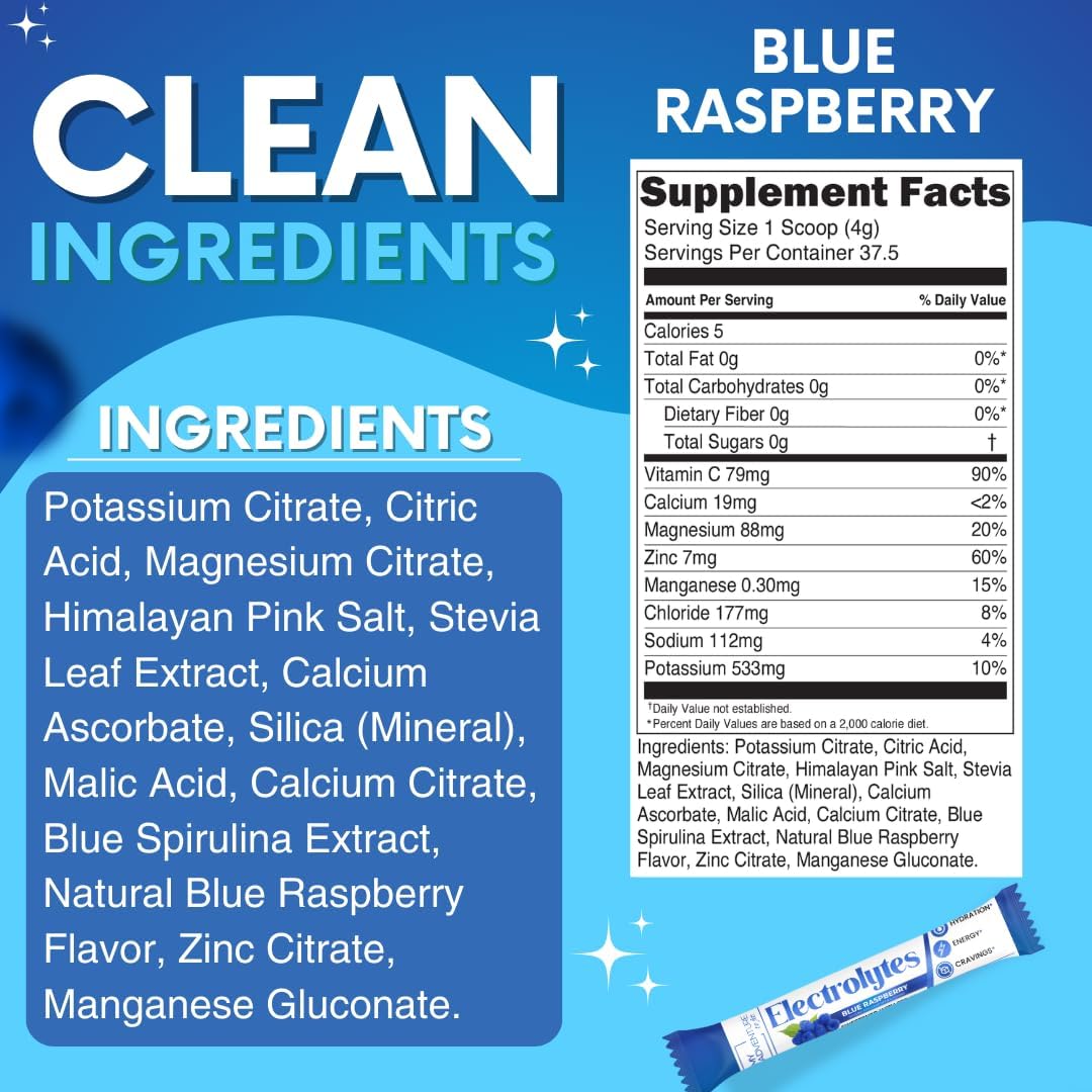 Zero Sugar Blue Raspberry Electrolyte Powder Drink Mix - Natural Hydration Boost - Caffeine-Free Energy - Vegan, Keto, Paleo - 15 Pack