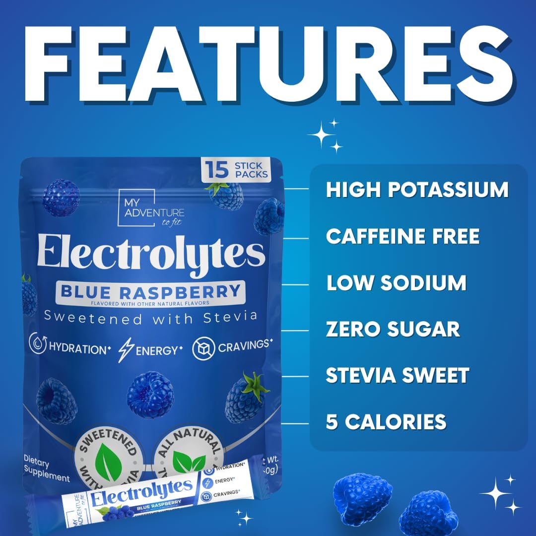 Zero Sugar Blue Raspberry Electrolyte Powder Drink Mix - Natural Hydration Boost - Caffeine-Free Energy - Vegan, Keto, Paleo - 15 Pack