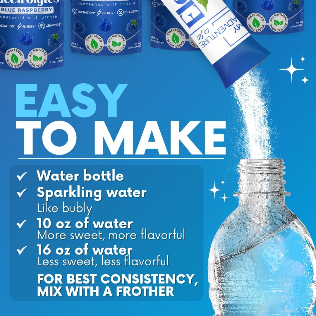 Zero Sugar Blue Raspberry Electrolyte Powder Drink Mix - Natural Hydration Boost - Caffeine-Free Energy - Vegan, Keto, Paleo - 15 Pack