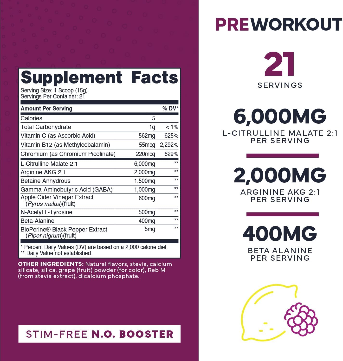 Zero Ultra Clean Blackberry Lemonade Non-Stim Pump Pre Workout for Men & Women - Beetroot, Arginine, Citrulline Malate, Betaine, Beta A, ACV - Sugar-Free & Caffeine-Free Formula