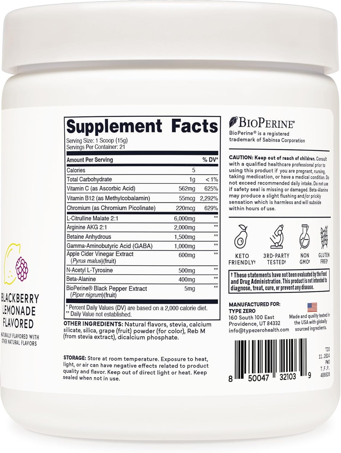 Zero Ultra Clean Blackberry Lemonade Non-Stim Pump Pre Workout for Men & Women - Beetroot, Arginine, Citrulline Malate, Betaine, Beta A, ACV - Sugar-Free & Caffeine-Free Formula