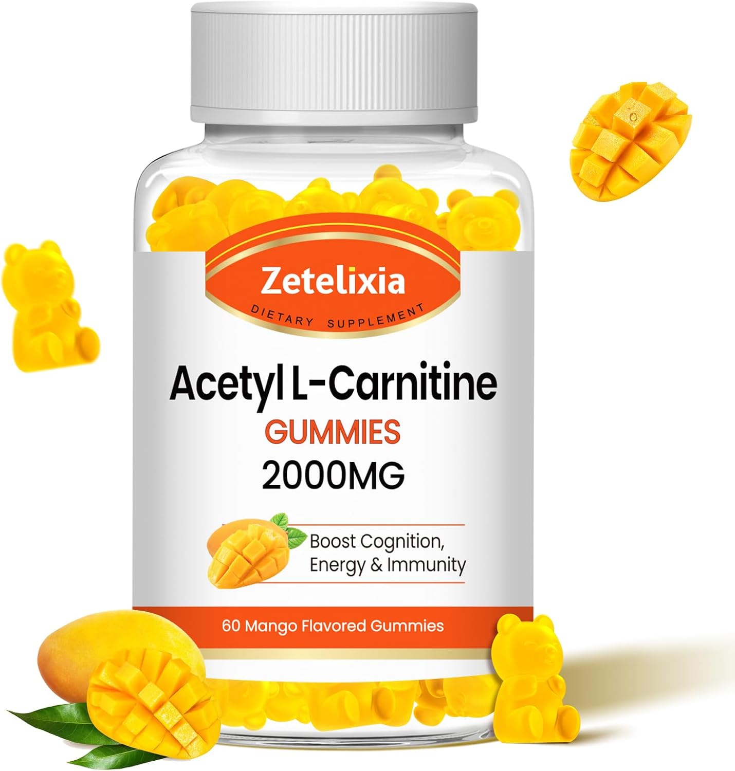 Zetelixia Acetyl L-Carnitine Gummies - Energy-Boosting Supplement for Men & Women, Vegan Mango Flavor, 60 Count