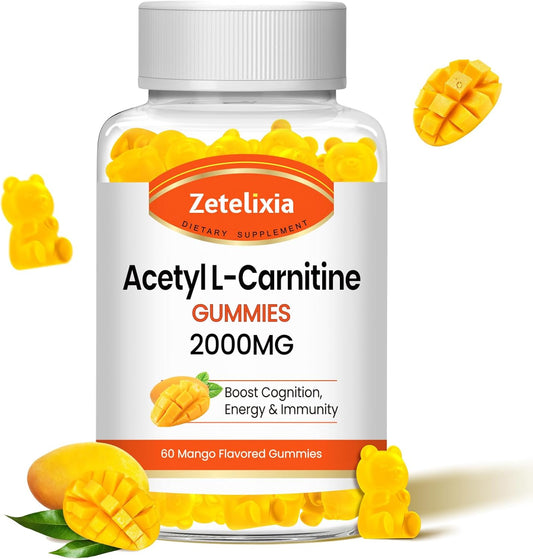 Zetelixia Acetyl L-Carnitine Gummies - Energy-Boosting Supplement for Men & Women, Vegan Mango Flavor, 60 Count