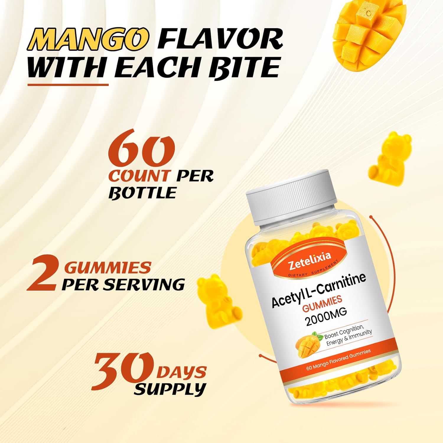 Zetelixia Acetyl L-Carnitine Gummies - Energy-Boosting Supplement for Men & Women, Vegan Mango Flavor, 60 Count