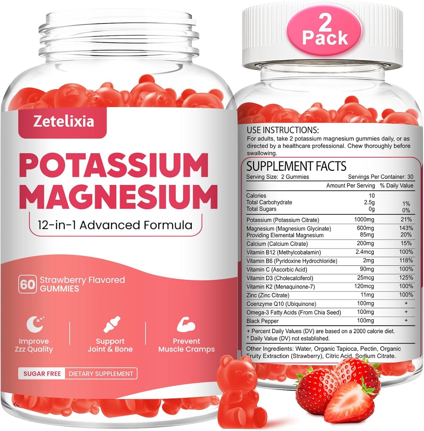 Zetelixia Potassium Magnesium Gummies for Adults & Kids - Multivitamin with Omega-3 & Black Pepper - Supports Muscle, Heart Health - 120ct