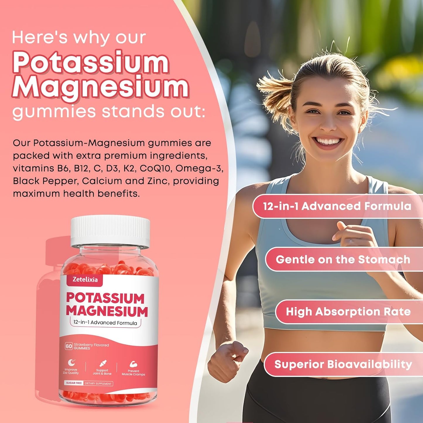 Zetelixia Potassium Magnesium Gummies for Adults & Kids - Multivitamin with Omega-3 & Black Pepper - Supports Muscle, Heart Health - 120ct