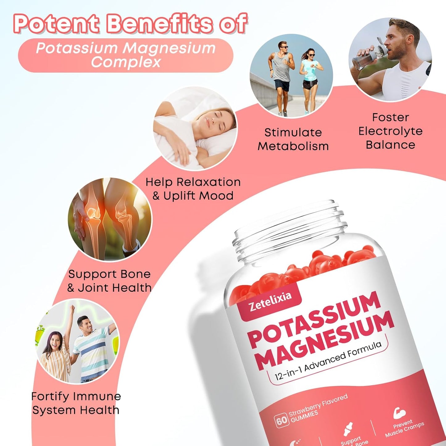 Zetelixia Potassium Magnesium Gummies for Adults & Kids - Multivitamin with Omega-3 & Black Pepper - Supports Muscle, Heart Health - 120ct