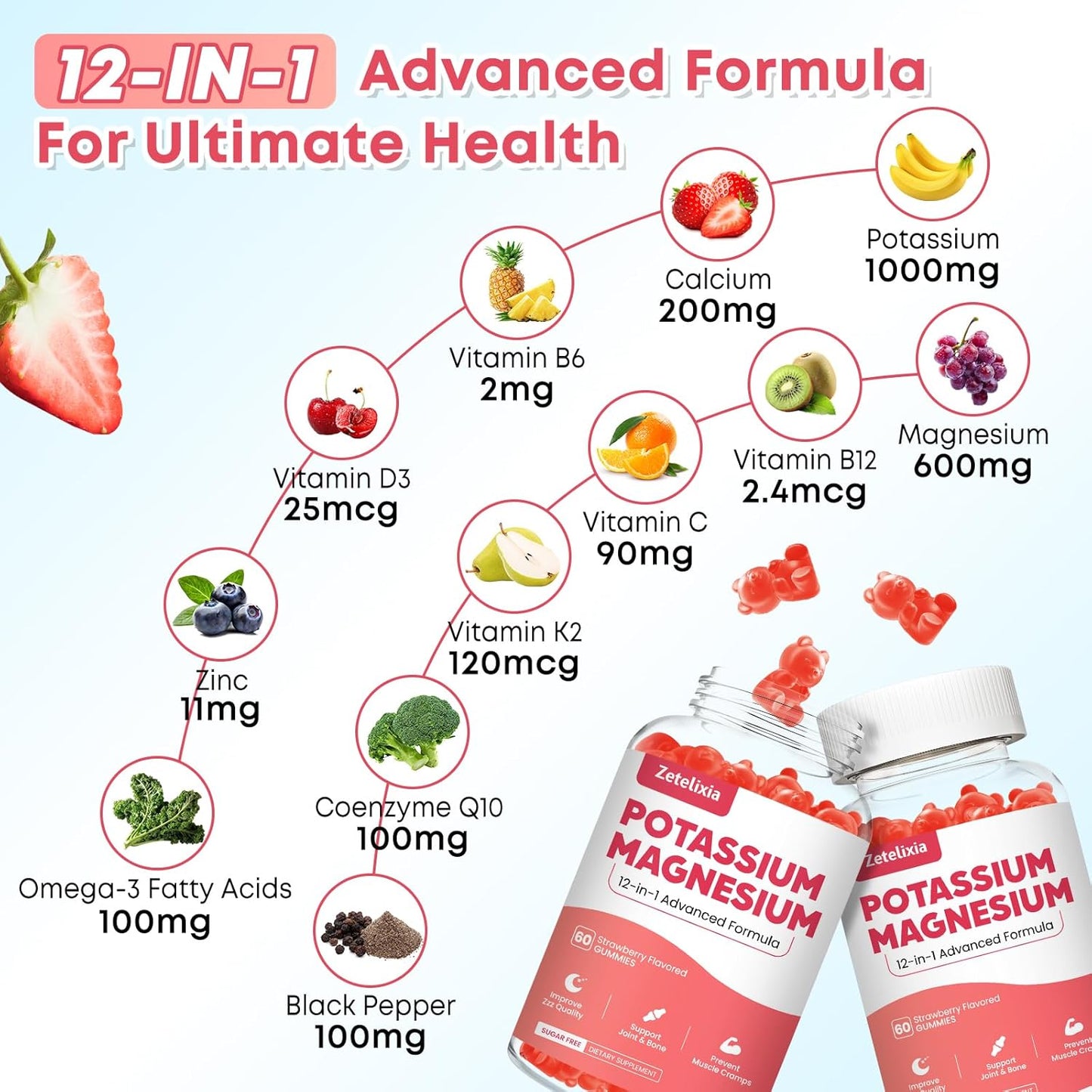 Zetelixia Potassium Magnesium Gummies for Adults & Kids - Multivitamin with Omega-3 & Black Pepper - Supports Muscle, Heart Health - 120ct