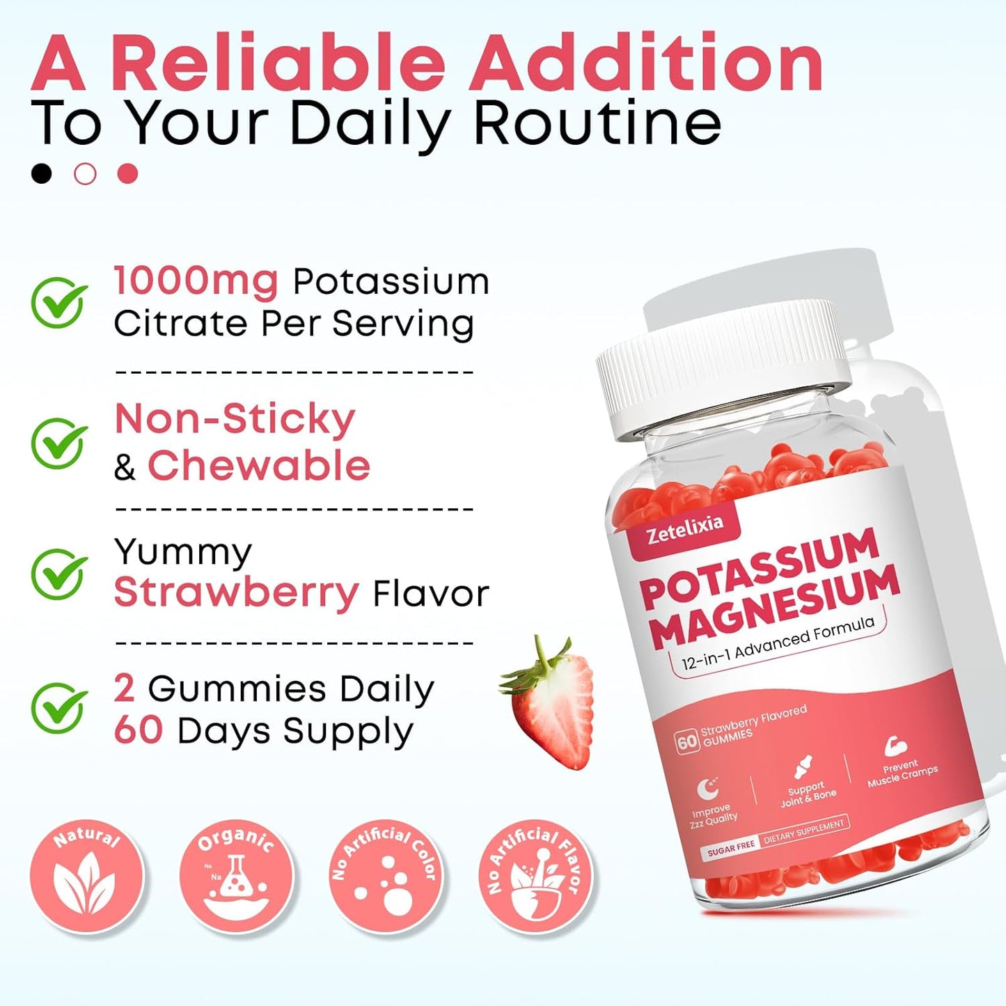 Zetelixia Potassium Magnesium Gummies for Adults & Kids - Multivitamin with Omega-3 & Black Pepper - Supports Muscle, Heart Health - 120ct