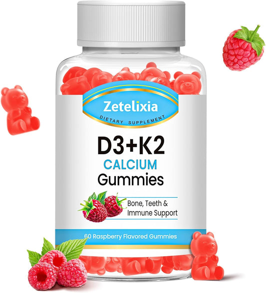 Zetelixia Raspberry Flavor Vegan Vitamin D3 K2 Gummies - 2000 IU D3, 120mcg K2 (MK7), 600mg Calcium - Supports Bone & Immune Health - Gluten Free - 60 Count