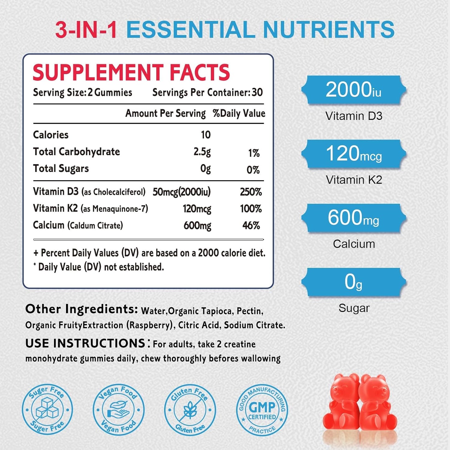 Zetelixia Raspberry Flavor Vegan Vitamin D3 K2 Gummies - 2000 IU D3, 120mcg K2 (MK7), 600mg Calcium - Supports Bone & Immune Health - Gluten Free - 60 Count