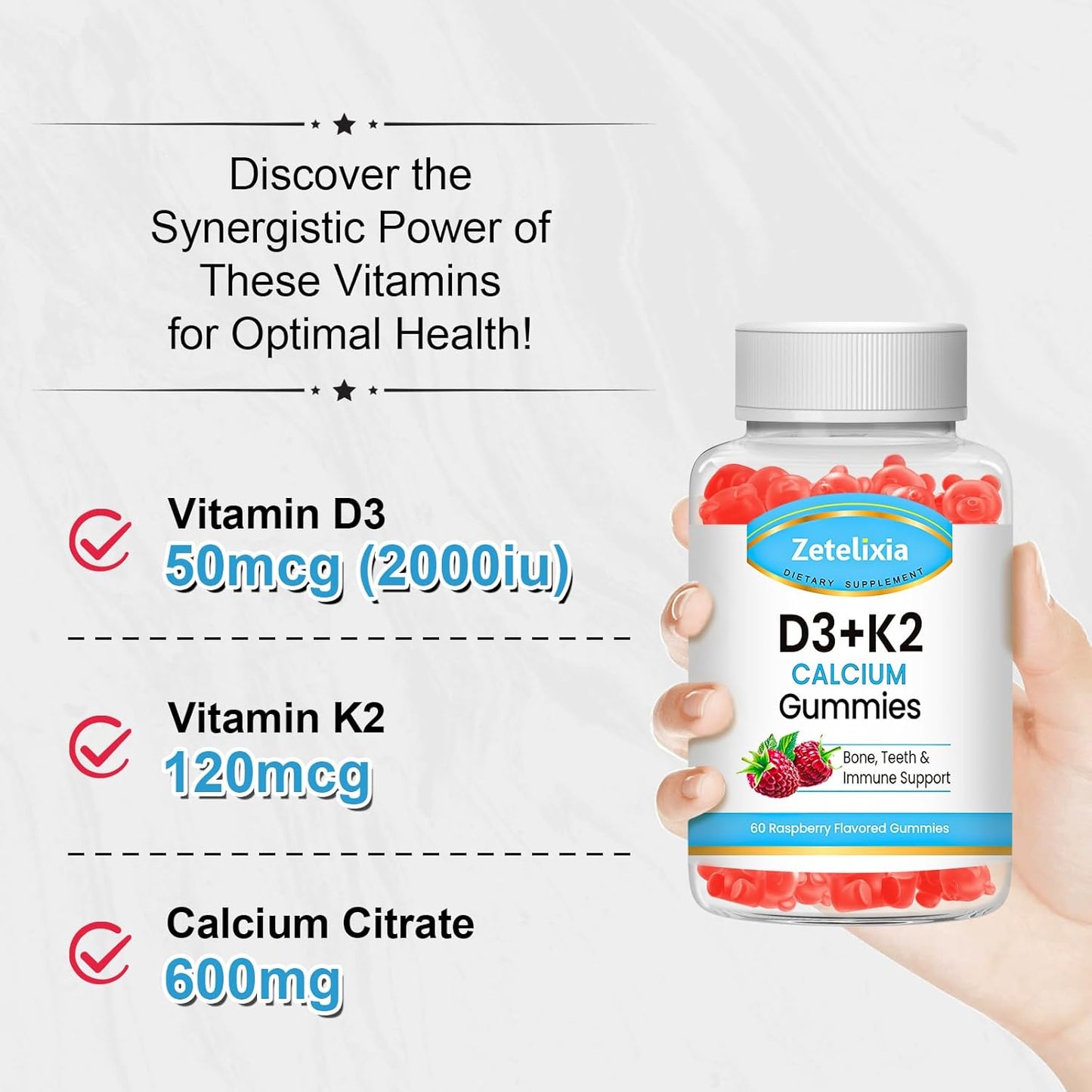 Zetelixia Raspberry Flavor Vegan Vitamin D3 K2 Gummies - 2000 IU D3, 120mcg K2 (MK7), 600mg Calcium - Supports Bone & Immune Health - Gluten Free - 60 Count