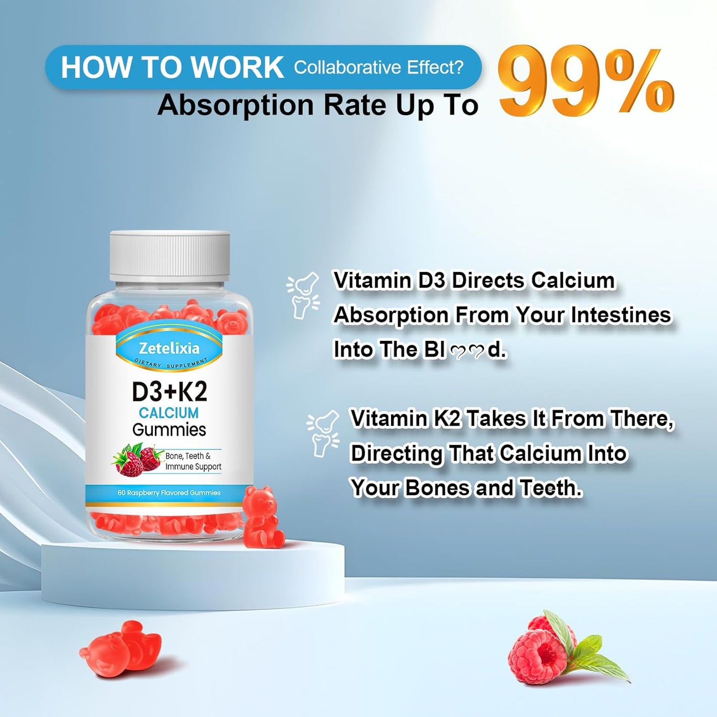 Zetelixia Raspberry Flavor Vegan Vitamin D3 K2 Gummies - 2000 IU D3, 120mcg K2 (MK7), 600mg Calcium - Supports Bone & Immune Health - Gluten Free - 60 Count